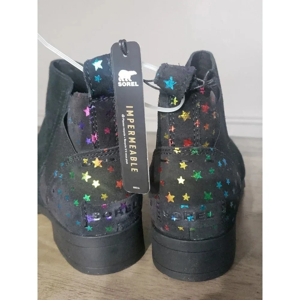 Sorel Booties Girls Size 5 Emelie Chelsea Black Suede Rainbow Stars New